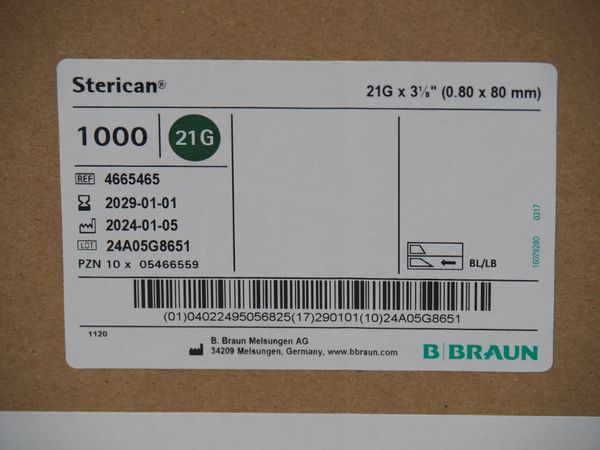 1000x B.BRAUN Sterican® 21G x 3 1/8″; 0,80 x 80 mm (18412)